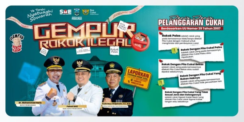Pemkab Probolinggo bersama Bea Cukai Probolinggo mengajak masyarakat mendukung Gerakan Gempur Rokok Ilegal dengan tidak membeli, tidak menjual, dan tidak mengedarkan rokok ilegal, serta mengenali ciri-cirinya demi melindungi penerimaan negara dan mendukung pembangunan daerah.