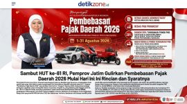 Gubernur Jawa Timur, Khofifah Indar Parawansa, mengumumkan program pembebasan pajak daerah dalam rangka menyambut HUT ke-81 Kemerdekaan Republik Indonesia. Kebijakan yang berlaku sepanjang 1–31 Agustus 2026 ini dihadirkan sebagai bentuk keringanan bagi masyarakat sekaligus mendorong peningkatan kepatuhan wajib pajak di Jawa Timur.