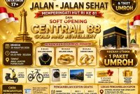 Pamflet JJS Gratis Central 88 Gold & Jewellery dalam rangka memeriahkan HUT ke-81 Kemerdekaan RI di Arek Lancor Pamekasan, dengan hadiah utama paket umrah, perhiasan emas, sepeda listrik, serta berbagai doorprize menarik lainnya.