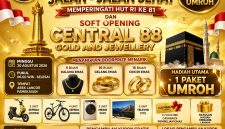 Pamflet JJS Gratis Central 88 Gold & Jewellery dalam rangka memeriahkan HUT ke-81 Kemerdekaan RI di Arek Lancor Pamekasan, dengan hadiah utama paket umrah, perhiasan emas, sepeda listrik, serta berbagai doorprize menarik lainnya.