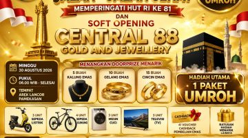 Pamflet JJS Gratis Central 88 Gold & Jewellery dalam rangka memeriahkan HUT ke-81 Kemerdekaan RI di Arek Lancor Pamekasan, dengan hadiah utama paket umrah, perhiasan emas, sepeda listrik, serta berbagai doorprize menarik lainnya.