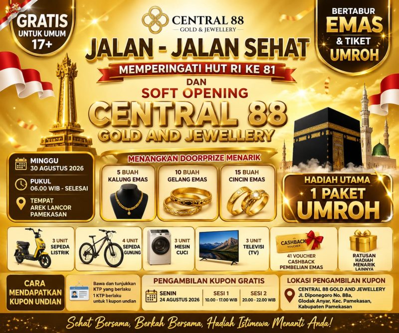Pamflet JJS Gratis Central 88 Gold & Jewellery dalam rangka memeriahkan HUT ke-81 Kemerdekaan RI di Arek Lancor Pamekasan, dengan hadiah utama paket umrah, perhiasan emas, sepeda listrik, serta berbagai doorprize menarik lainnya.