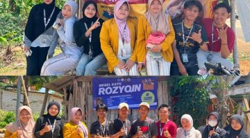 Ket foto: Mahasiswa KKN Posko 12 Universitas Wiraraja memasang banner usaha dan QRIS pada salah satu UMKM di Desa Kambingan Timur sebagai langkah mendorong promosi dan transaksi digital.