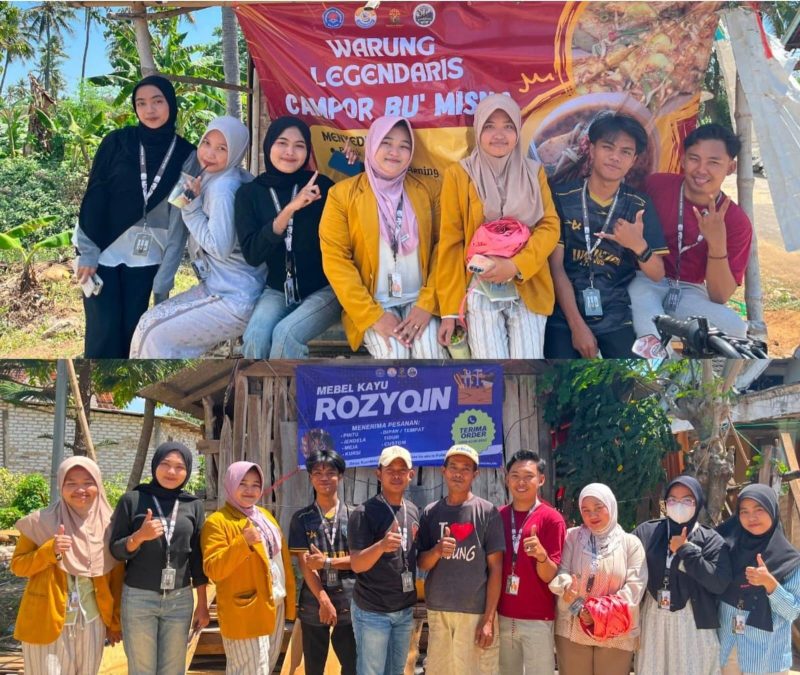 Ket foto: Mahasiswa KKN Posko 12 Universitas Wiraraja memasang banner usaha dan QRIS pada salah satu UMKM di Desa Kambingan Timur sebagai langkah mendorong promosi dan transaksi digital.