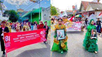Ket Foto: Semangat dan kekompakan siswa SDN Pasongsongan I saat mengikuti Karnaval HUT ke-81 Kemerdekaan RI di Kecamatan Pasongsongan hingga berhasil meraih Juara 2.