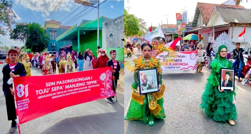 Ket Foto: Semangat dan kekompakan siswa SDN Pasongsongan I saat mengikuti Karnaval HUT ke-81 Kemerdekaan RI di Kecamatan Pasongsongan hingga berhasil meraih Juara 2.