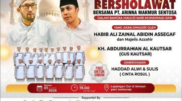 Ket Foto: Poster Sumenep Bersholawat bersama PT Arinna Makmur Sentosa yang akan digelar pada 1 September 2026 di GOR A Yani Sumenep, menghadirkan Habib Ali Zainal Abidin Assegaf, Gus Kautsar, Haddad Alwi dan Sulis dalam rangka memperingati Maulid Nabi Muhammad SAW.