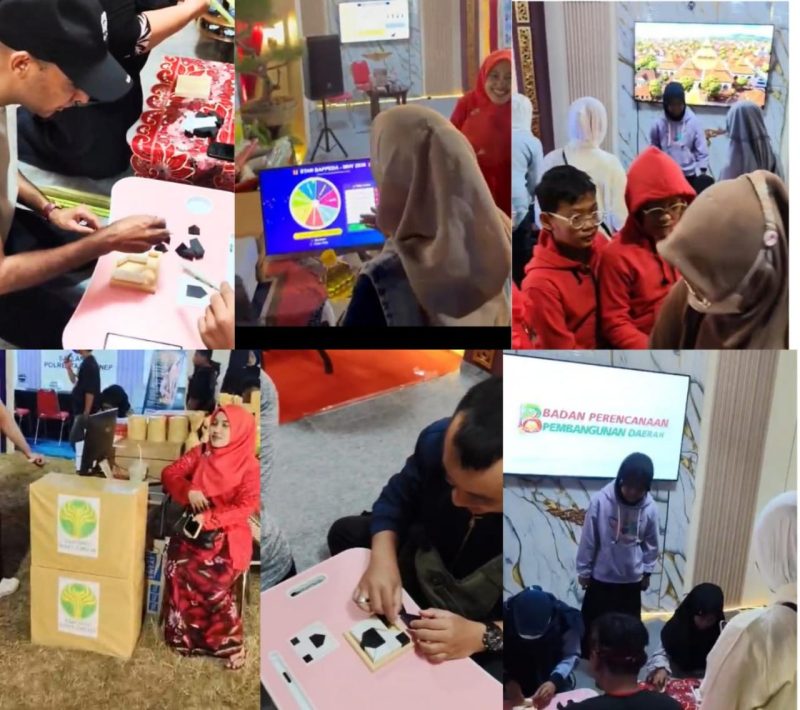 Ket Foto: Sejumlah pengunjung, termasuk anak-anak, mencoba permainan dan menikmati suasana di Stan Bappeda Sumenep dalam Pameran Pembangunan rangkaian MCF #4 2026 di GOR A. Yani Pangligur, Sumenep, Sabtu (29/8/2026).