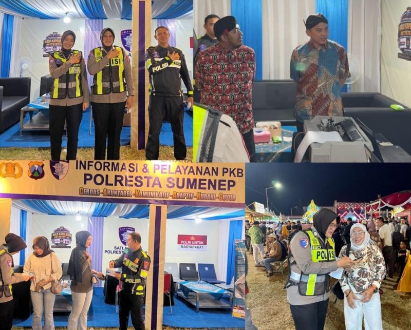 Ket foto: Bupati Sumenep Achmad Fauzi Wongsojudo bersama Kapolresta Sumenep Kombes Pol Ariek Indra Sentanu, dan jajarannya saat menyambangi Stan Polresta dalam kegiatan MCF #4 2026 di Stadion A. Yani, Pangligur, Sumenep, Sabtu (29/8/2026) malam.
