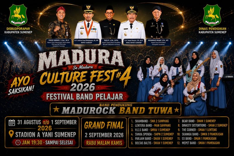 Pamflet Festival Band Pelajar dalam rangkaian MCF #4 2026 yang akan digelar di Stadion A. Yani Sumenep, 31 Agustus–2 September 2026, menampilkan talenta musik pelajar dari sejumlah sekolah di Madura.