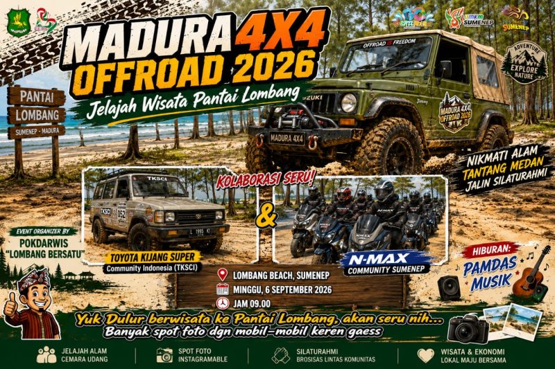 Ket foto: Pamflet Madura 4x4 Offroad 2026 yang akan digelar di Pantai Lombang, Sumenep, Minggu (6/9/2026), dengan menghadirkan komunitas otomotif dan hiburan PAMDAS Musik.