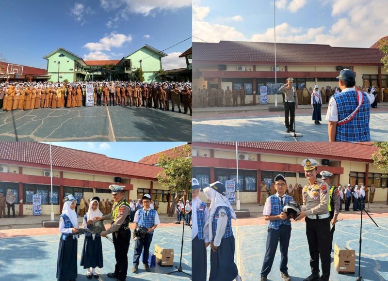 Ket Foto:
Kasatlantas Polresta Sumenep Kompol Eko Aprianto, S.I.K., M.H. bersama personel Satlantas saat melaksanakan kegiatan Police Goes to School dalam rangka HUT Lalu Lintas ke-71 di SMPN 1 Sumenep, Senin (14/9/2026). Kegiatan diisi edukasi tertib dan keselamatan berlalu lintas kepada siswa.