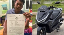 Ket Foto: Orang tua Fauzan, Moh. Badar, usai membuat laporan ke Polsek Pasongsongan (kiri), dan ilustrasi sepeda motor yang dilaporkan raib (kanan).