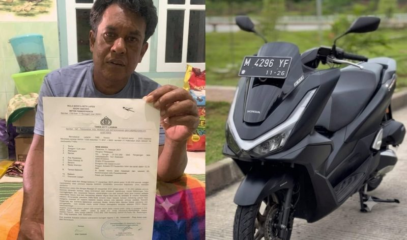 Ket Foto: Orang tua Fauzan, Moh. Badar, usai membuat laporan ke Polsek Pasongsongan (kiri), dan ilustrasi sepeda motor yang dilaporkan raib (kanan).