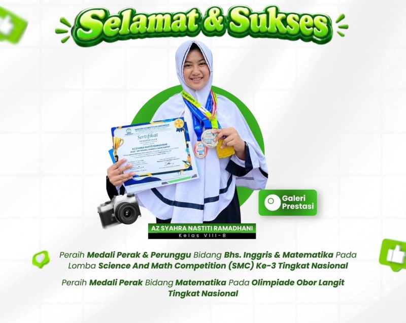 Ket foto: AZ-Syahra Nastiti Ramadhani, siswi kelas VIII SMP Integral Luqman Al-Hakim Sumenep, yang menorehkan sejumlah prestasi melalui berbagai kompetisi akademik tingkat nasional hingga internasional.