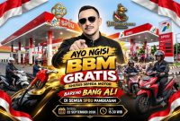 Flyer aksi sosial Bang Ali bersama BASHRA dan Central 88 Gold & Jewellery dalam program pembagian BBM gratis bagi pengendara sepeda motor di seluruh SPBU Pamekasan, Selasa (22/9/2026), mulai pukul 15.30 WIB.