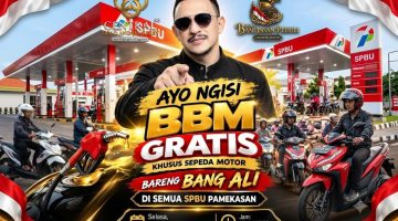 Flyer aksi sosial Bang Ali bersama BASHRA dan Central 88 Gold & Jewellery dalam program pembagian BBM gratis bagi pengendara sepeda motor di seluruh SPBU Pamekasan, Selasa (22/9/2026), mulai pukul 15.30 WIB.