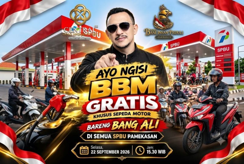 Flyer aksi sosial Bang Ali bersama BASHRA dan Central 88 Gold & Jewellery dalam program pembagian BBM gratis bagi pengendara sepeda motor di seluruh SPBU Pamekasan, Selasa (22/9/2026), mulai pukul 15.30 WIB.