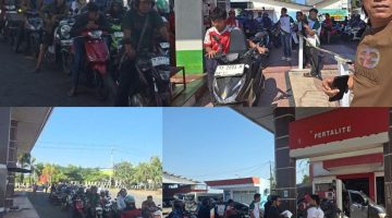 ANTUSIASME MASYARAKAT: Ratusan pengendara sepeda motor saat mengantre dengan tertib di SPBU 54.694.08 Sumenep untuk menerima program pembagian BBM gratis yang digelar Pengusaha Ali Zainal Abidin (Bang Ali) bersama relawan BASHRA, Rabu (23/9/2026).