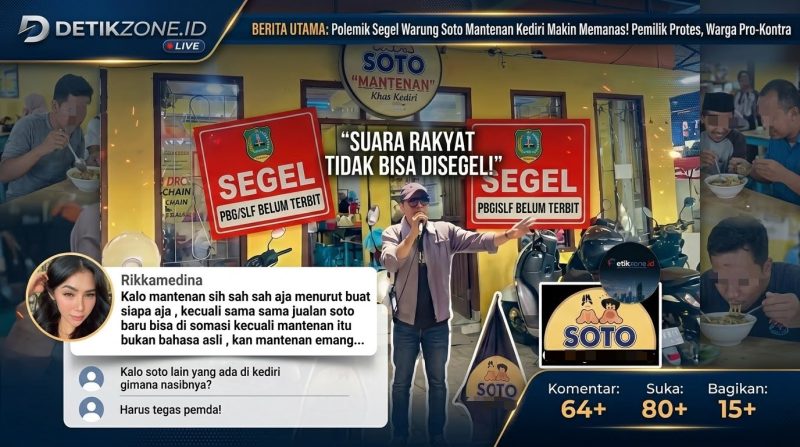 Foto ilustrasi suara rakyat tidak bisa disegel, kecaman LSM RATU terhadap perizinan usaha Soto Mantenan dan tangkapan layar komentar netizen